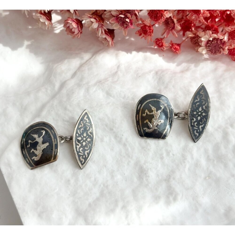 Siam Sterling Cufflink Black Horseshoe Nielloware Vintage Thai Made 925 Earrings